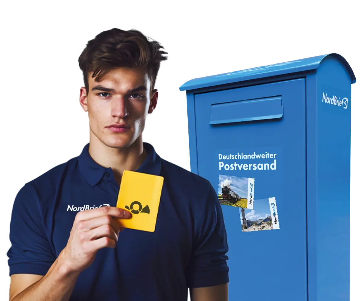 Junger NordBrief-Mitarbeiter mit gelbem Brief vor blauem Briefkasten mit Aufschrift „Deutschlandweiter Postversand“