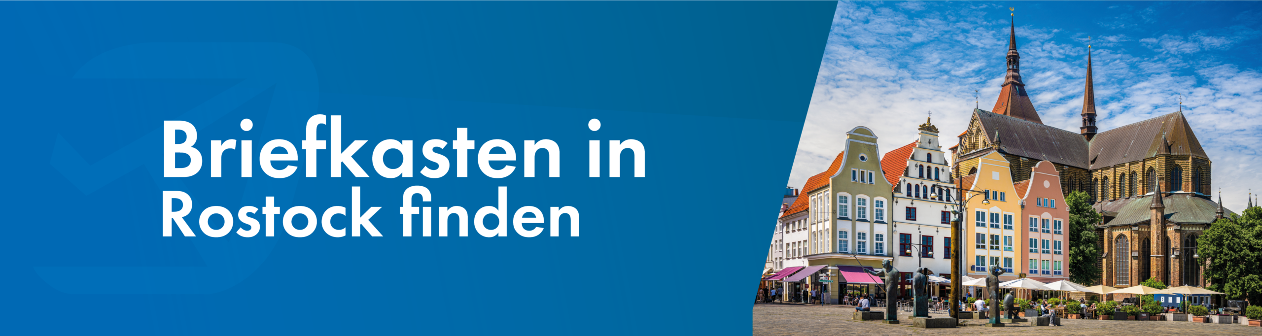 Banner mit Text „Briefkasten in Rostock finden“ und Stadtansicht von Rostock im Hintergrund