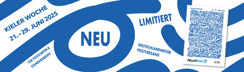 Werbebanner mit NordBrief-Briefmarke zur Kieler Woche 2025 im blauen Grafikstil