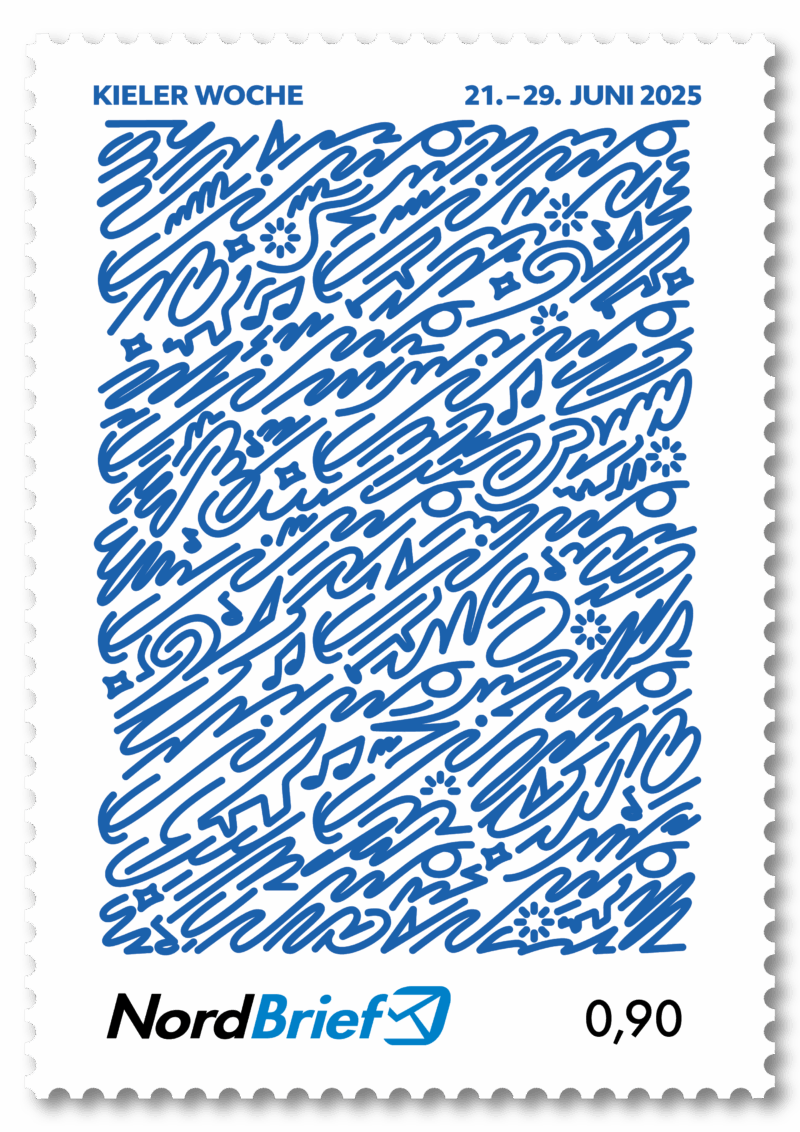 NordBrief-Sonderbriefmarke zur Kieler Woche 2025 mit abstraktem blauem Linienmuster